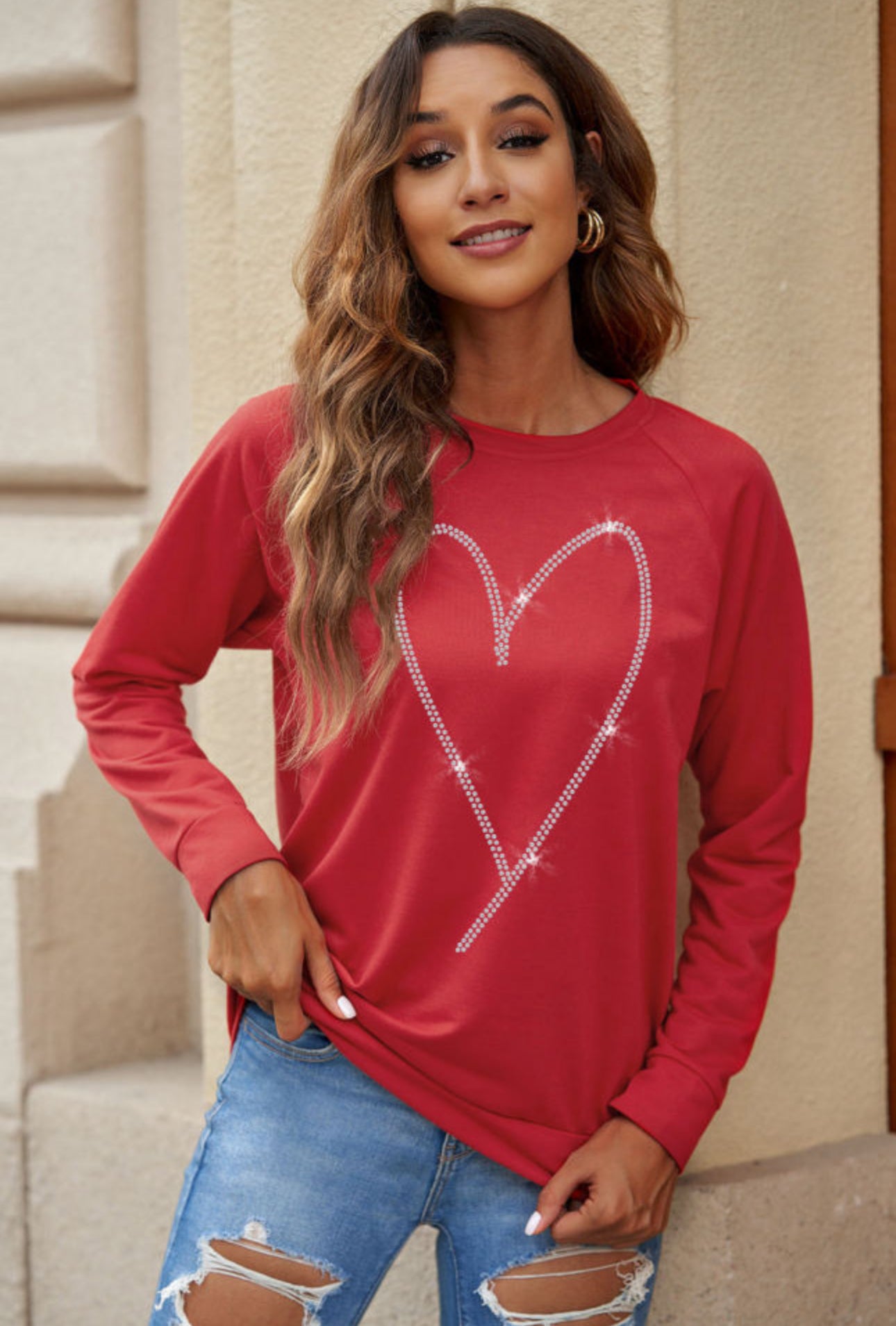 Red Rhinestone Heart Long Sleeve