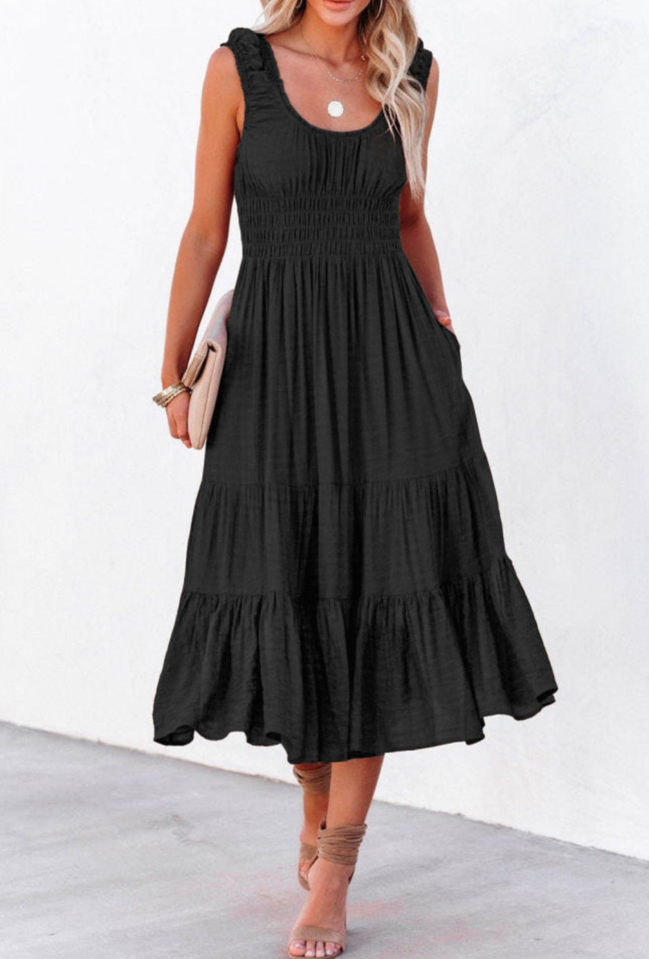 Black scoop neck midi dress