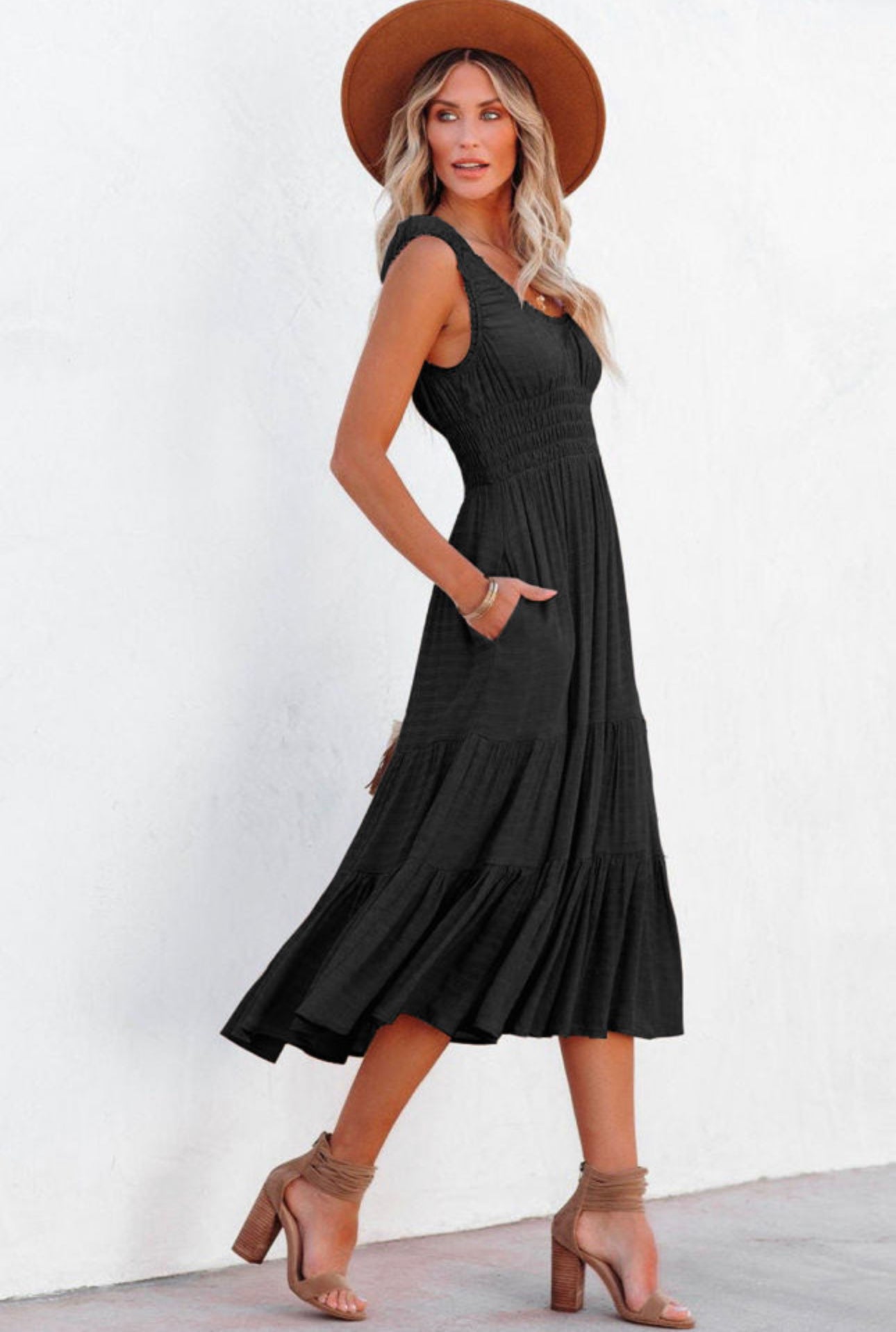 Black scoop neck midi dress