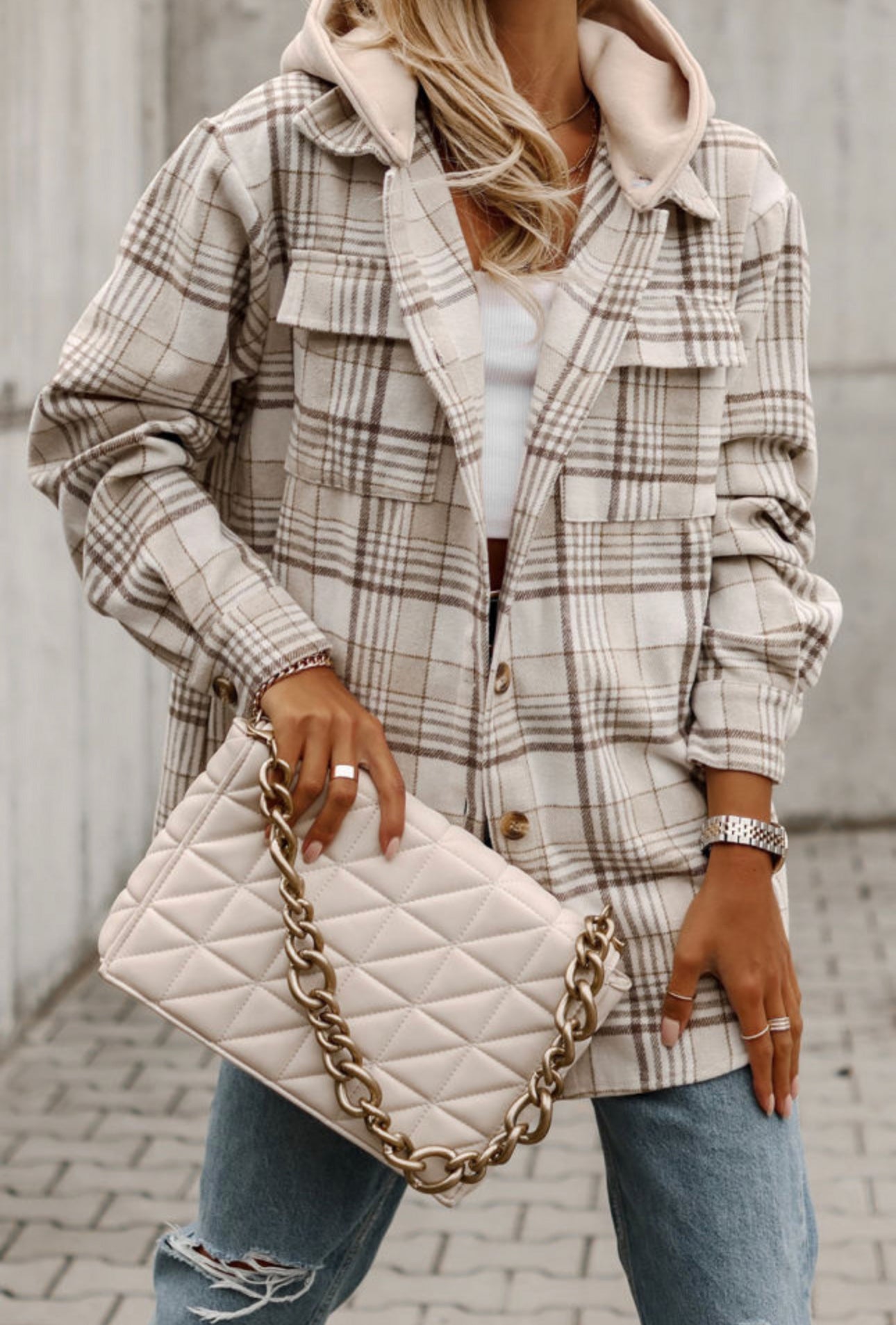 Khaki Plaid Shacket with Removable Hood