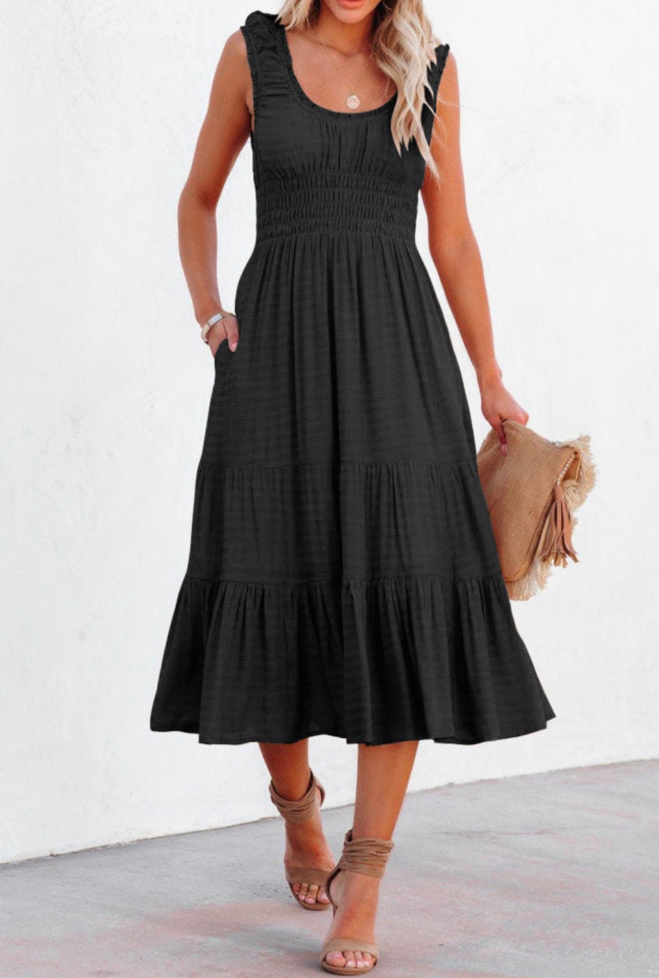 Black scoop neck midi dress