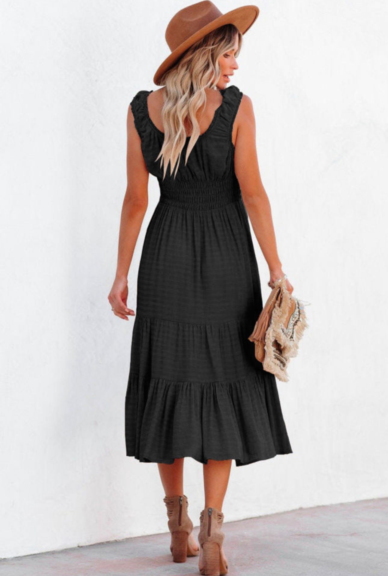 Black scoop neck midi dress