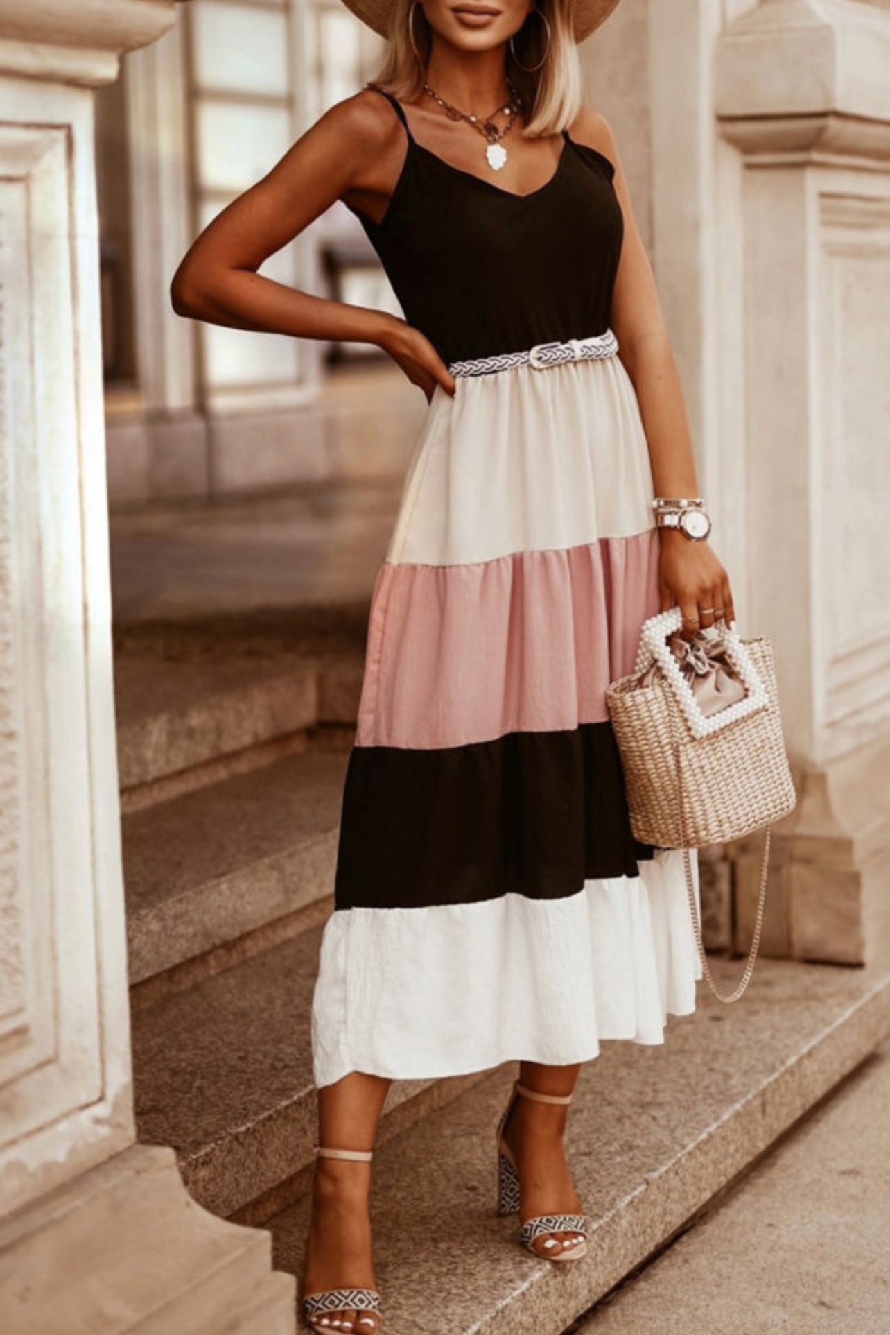 Color Block V-Neck Maxi Dress