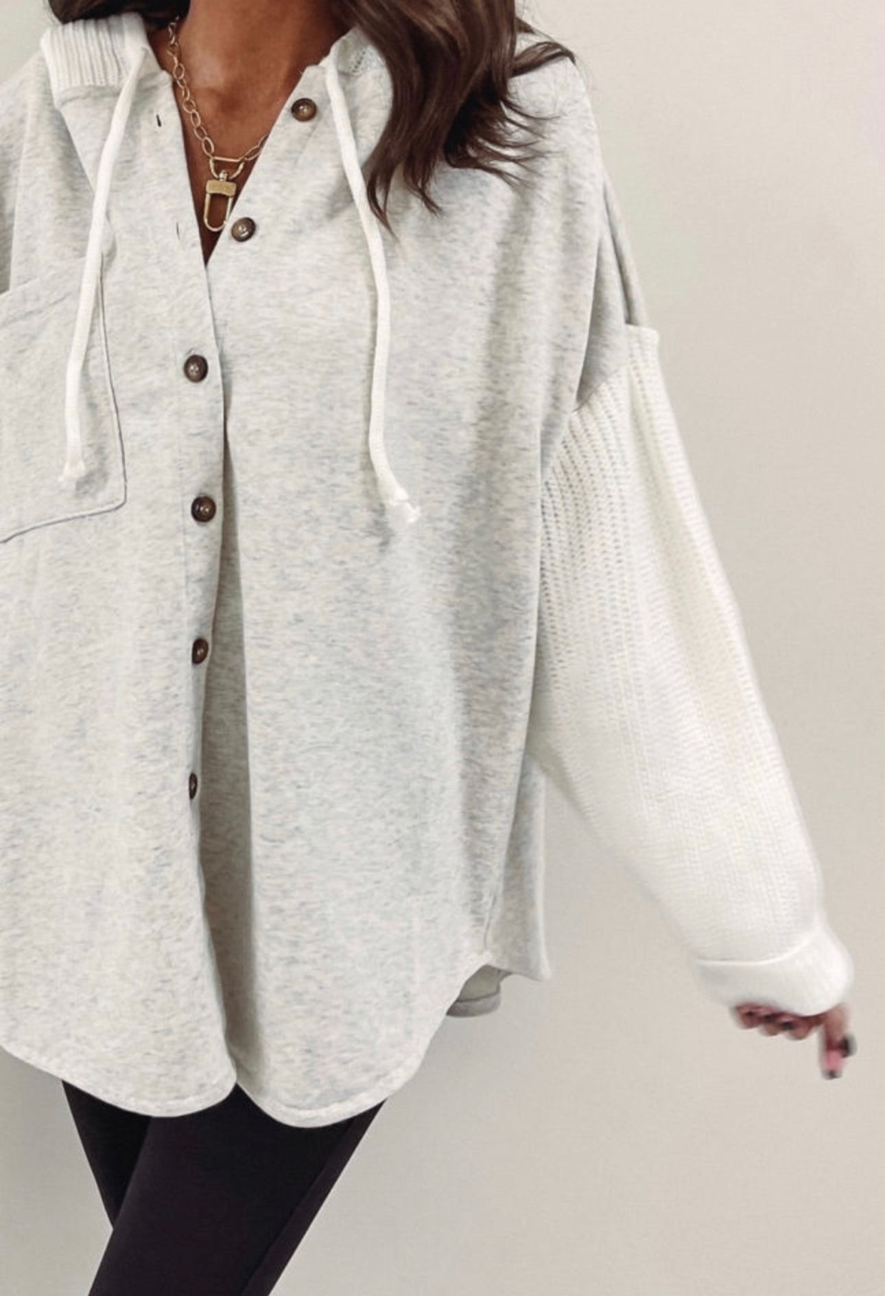 Grey Button Up Contrast Oversized Hooded Sweater