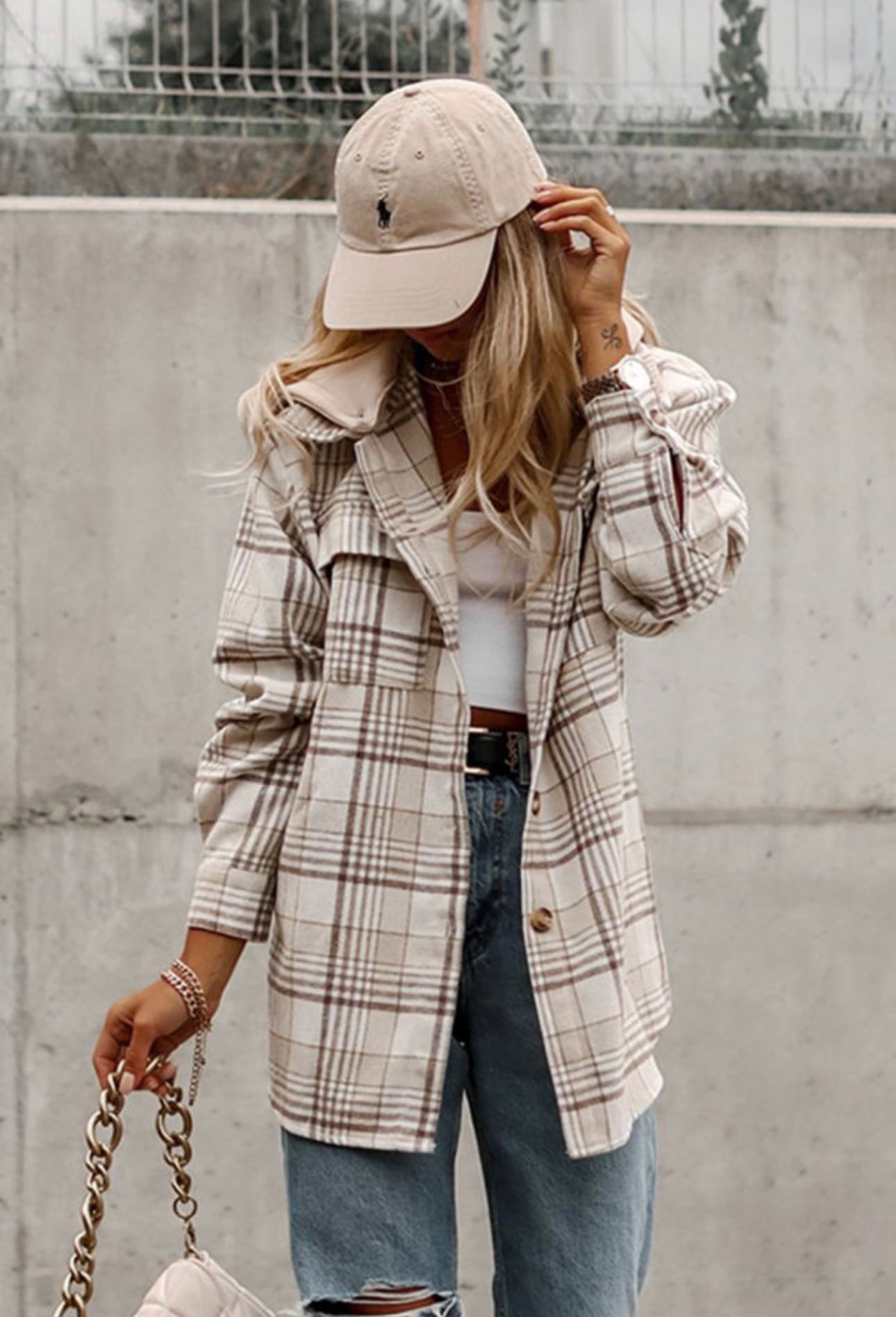 Khaki Plaid Shacket with Removable Hood