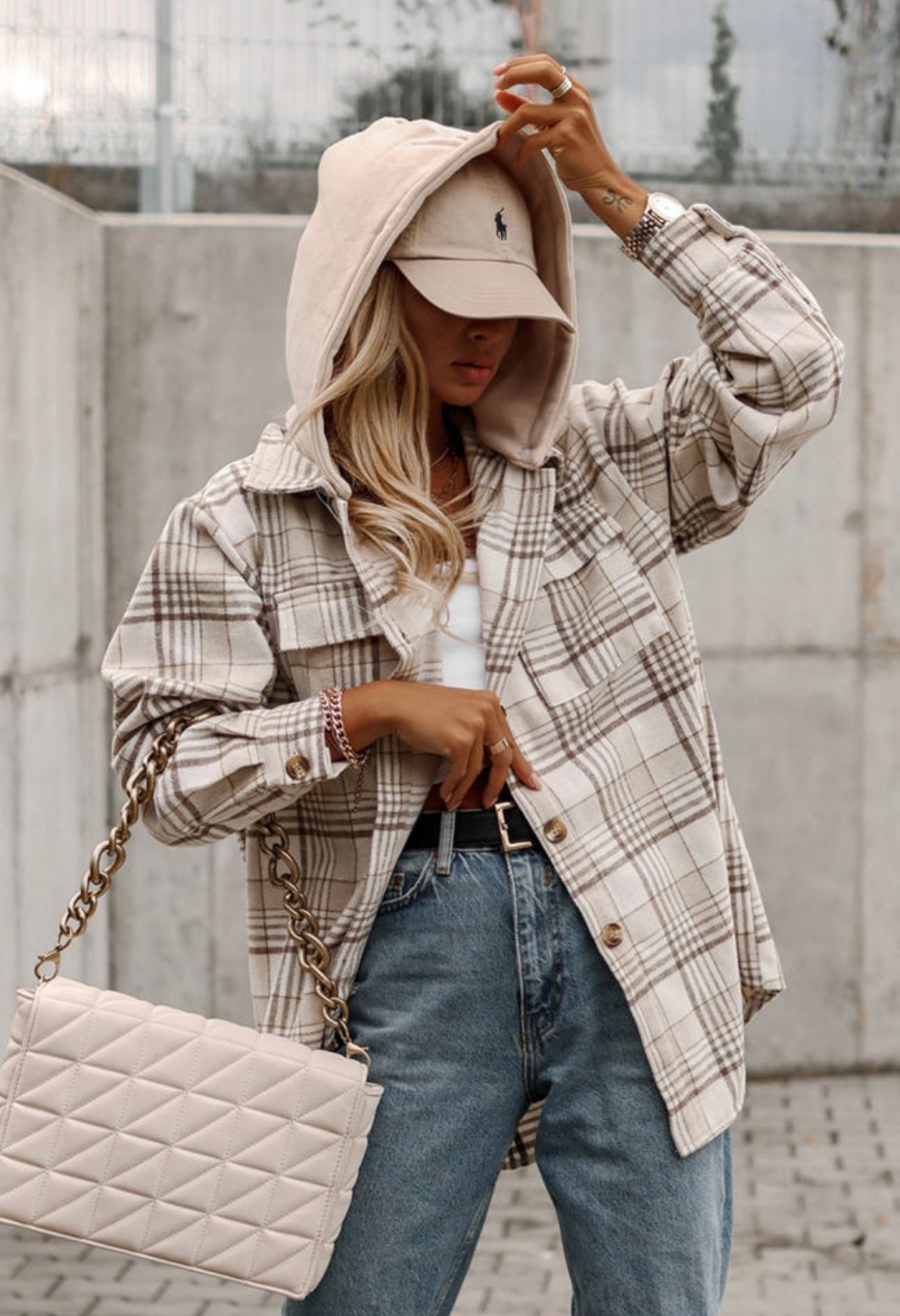 Khaki Plaid Shacket with Removable Hood