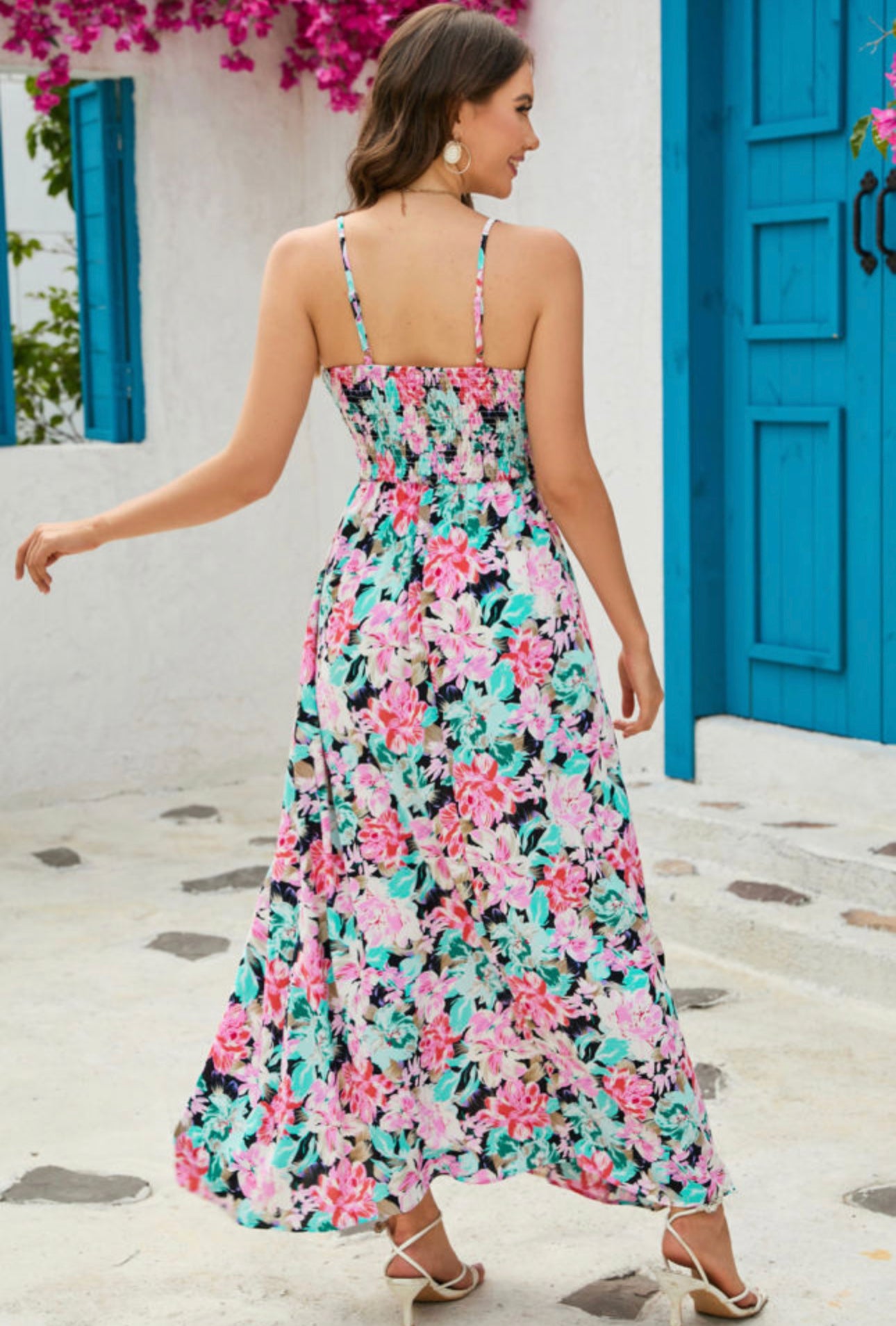 V-neck elastic waist floral maxi dress