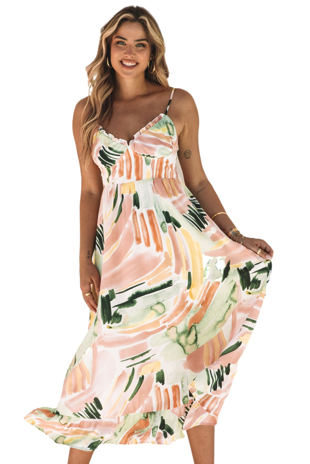 Multicolor Spaghetti Straps Graffti Print Long Dress