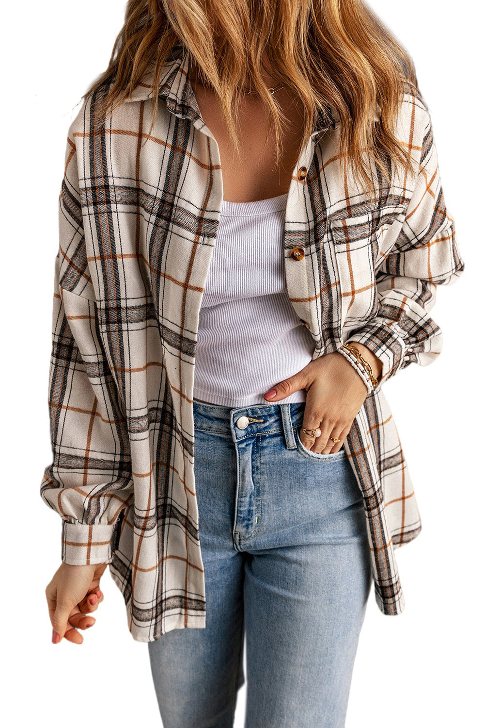 White Oversized Plaid Pattern Shacket with Slits