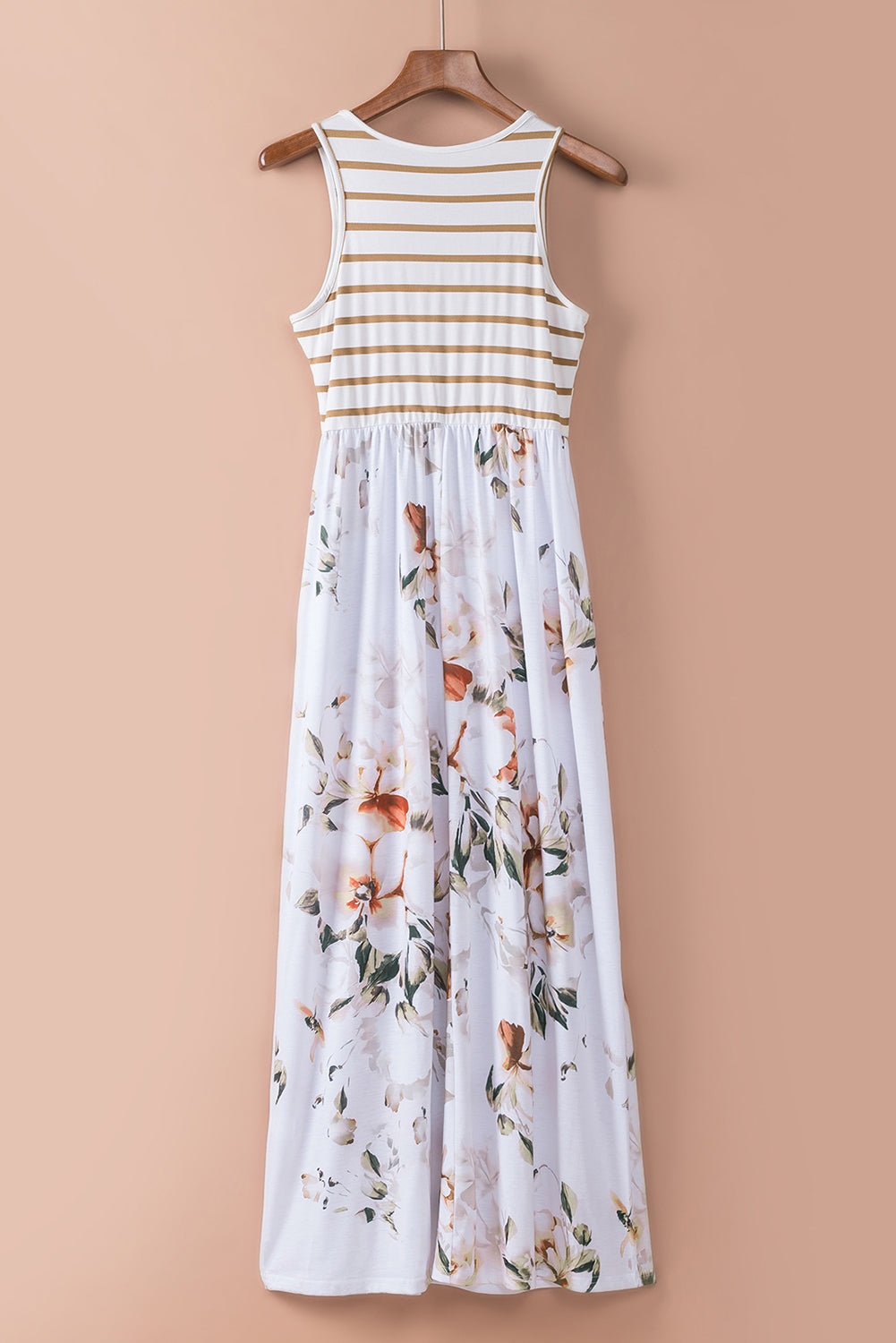 White Striped Floral Print Sleeveless Maxi Dress with Pocket