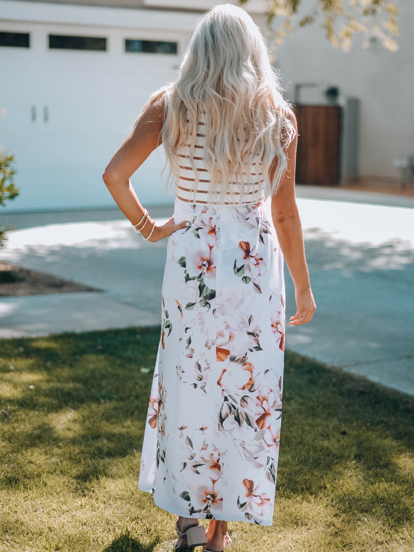 White Striped Floral Print Sleeveless Maxi Dress with Pocket