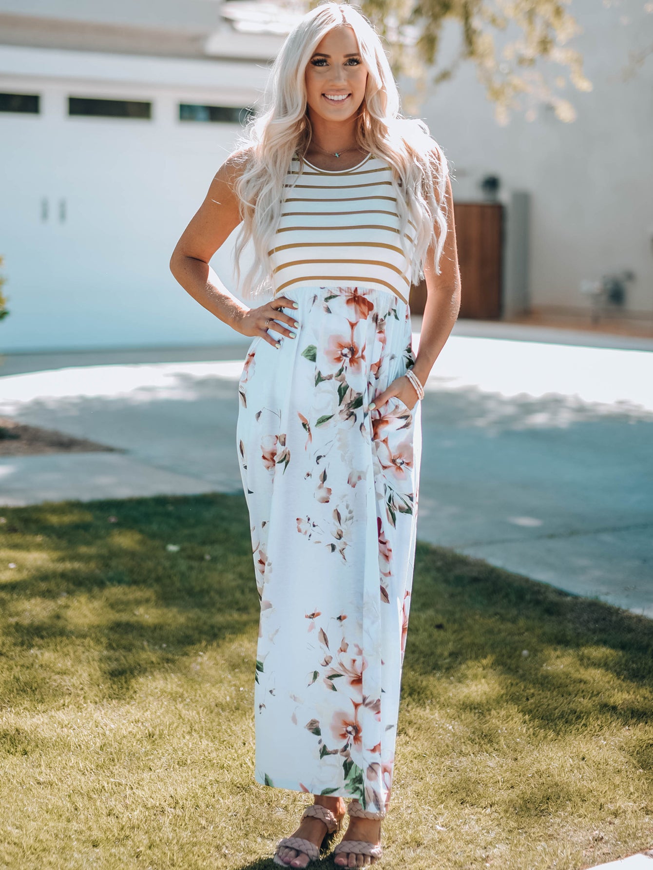 White Striped Floral Print Sleeveless Maxi Dress with Pocket