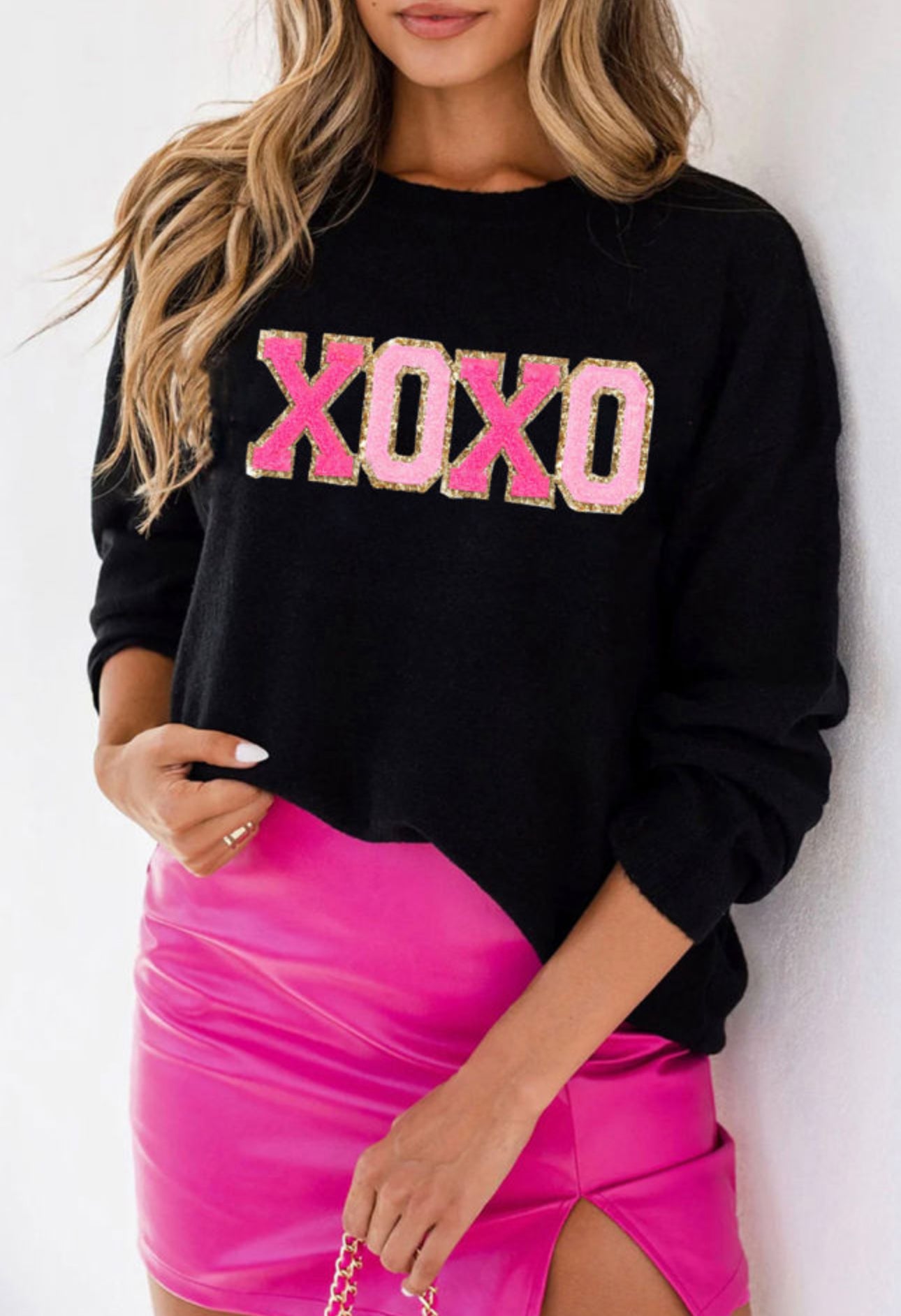 XOXO Glitter Chenille Round Neck Sweater