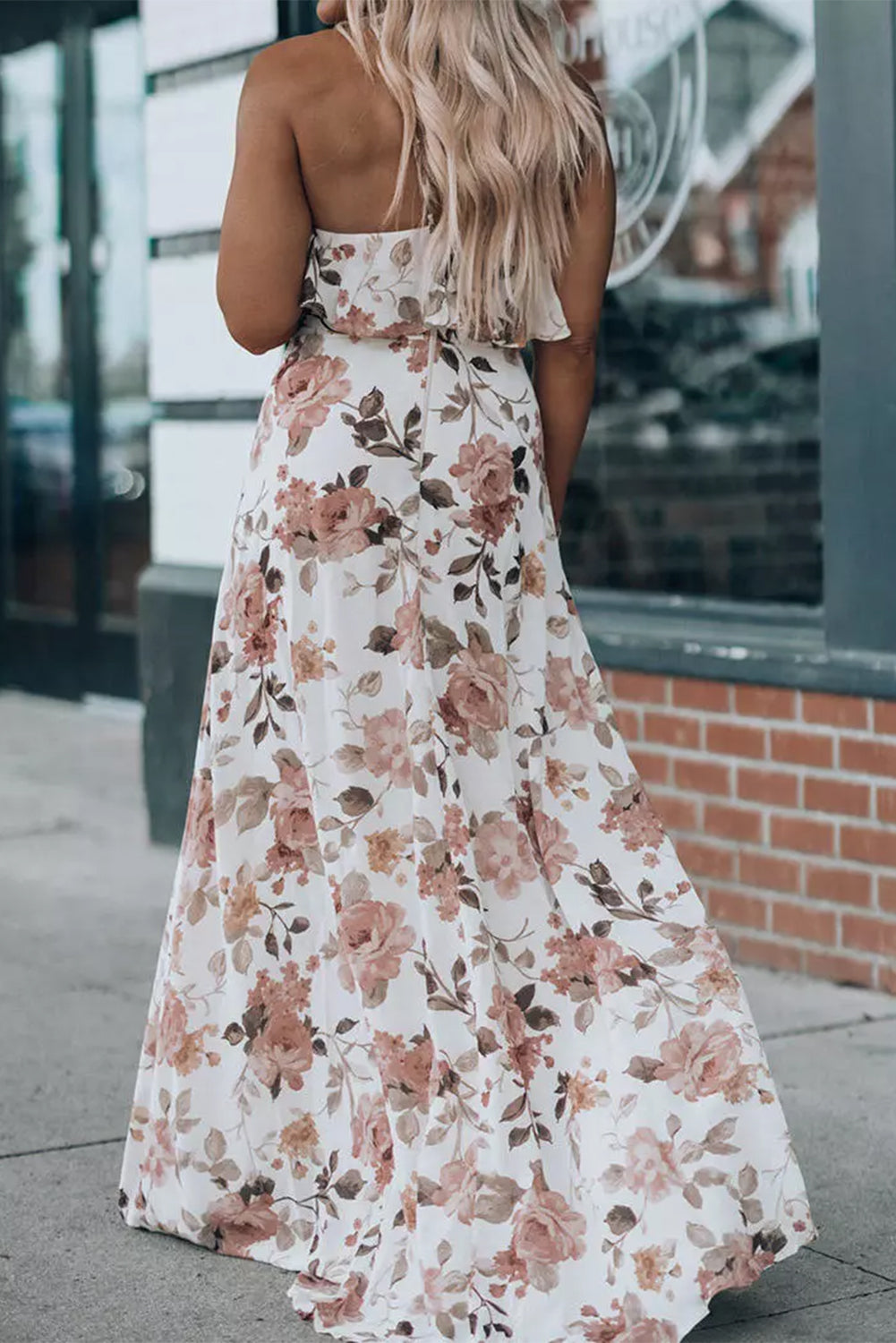 White Floral Slit Ruffled Halterneck Maxi Dress