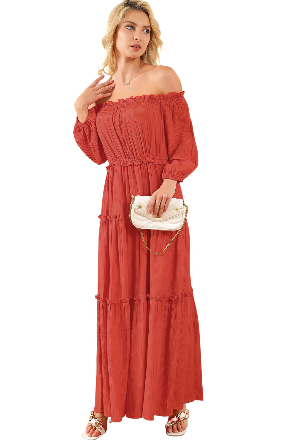 Orange Off Shoulder Balloon Sleeve Cutout Ruffled Maxi Dress