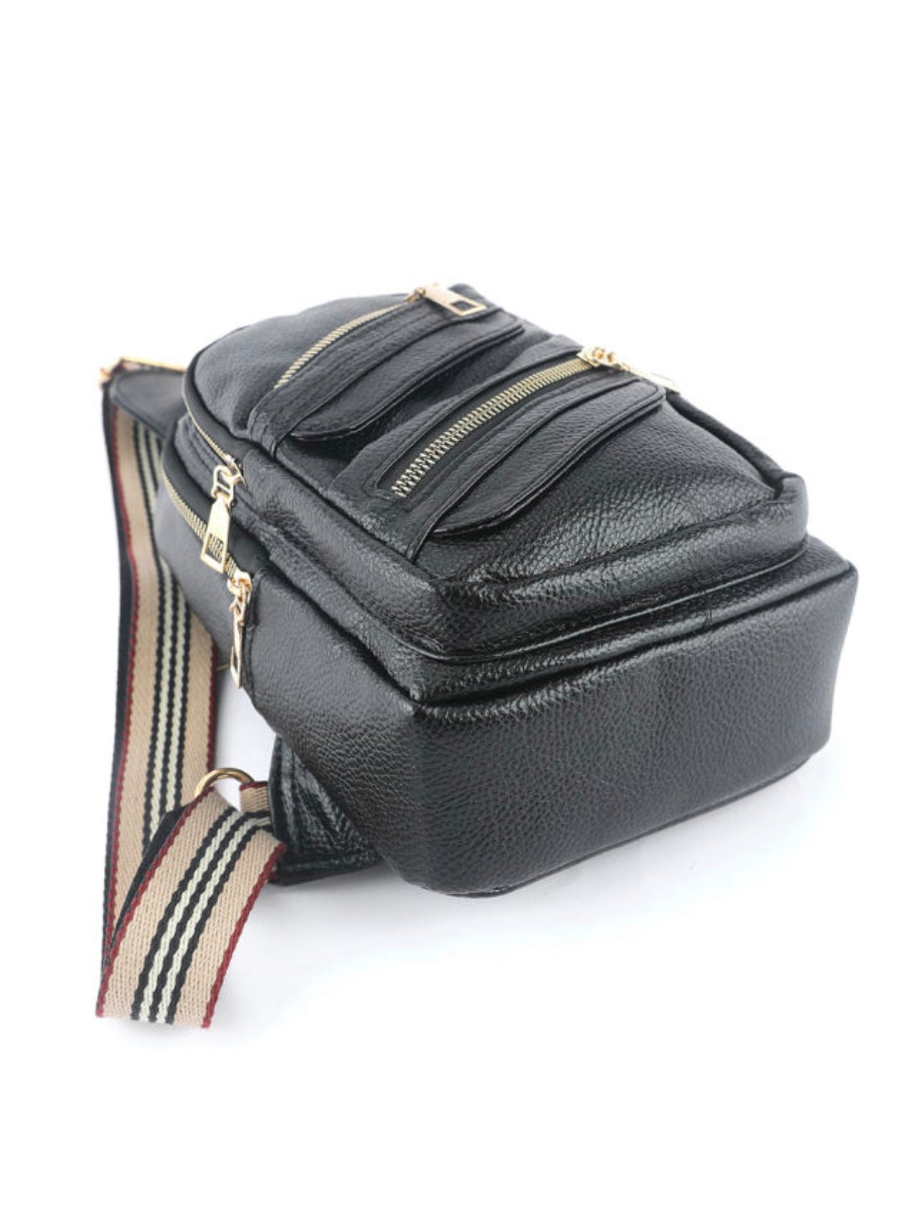 Black Faux Leather Multi Pocket Zip Chest Bag