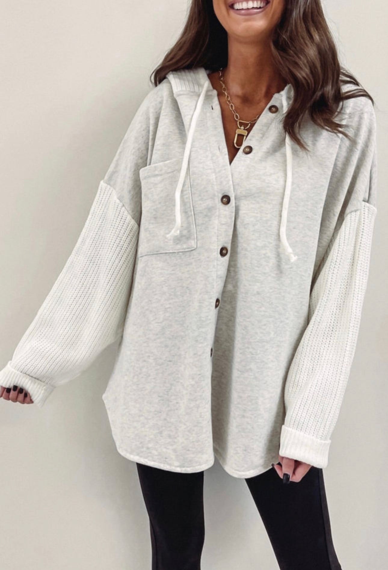 Grey Button Up Contrast Oversized Hooded Sweater